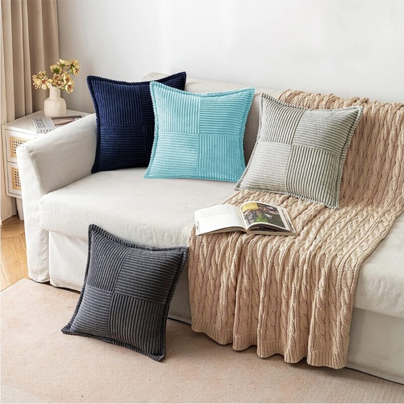 Blue Striped Texture Corduroy Decorative Farmhouse Luxury Soft Pillow Cover Set - Picture 5 of 6